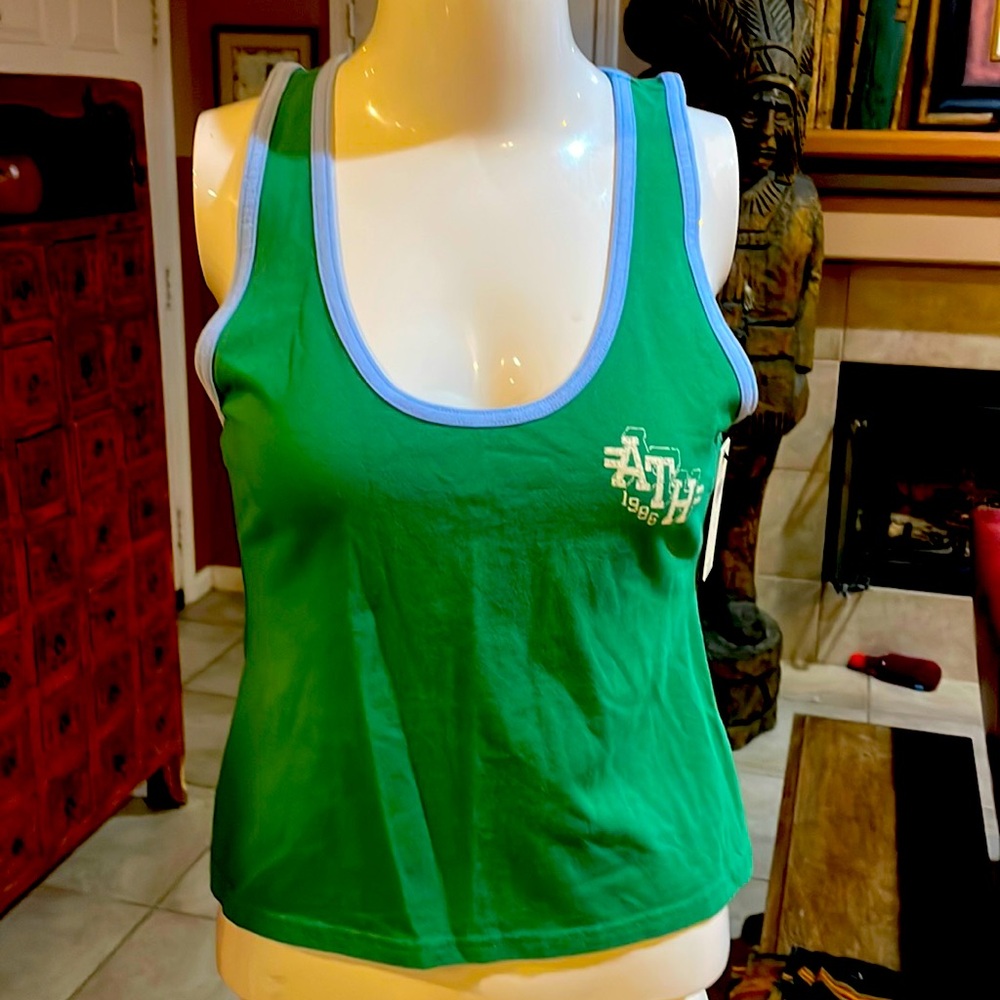 daily Practice by Anthropologie Stretch Tank Green with Baby Blue Trim.